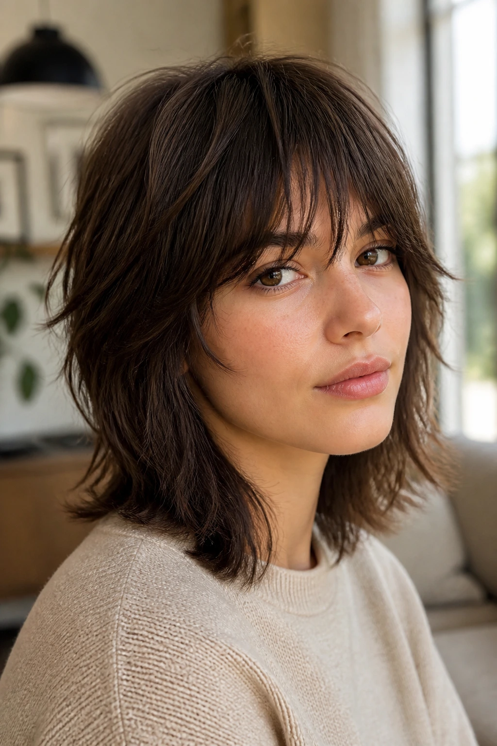 Close-up of soft shag with tapered fringe on a real person.