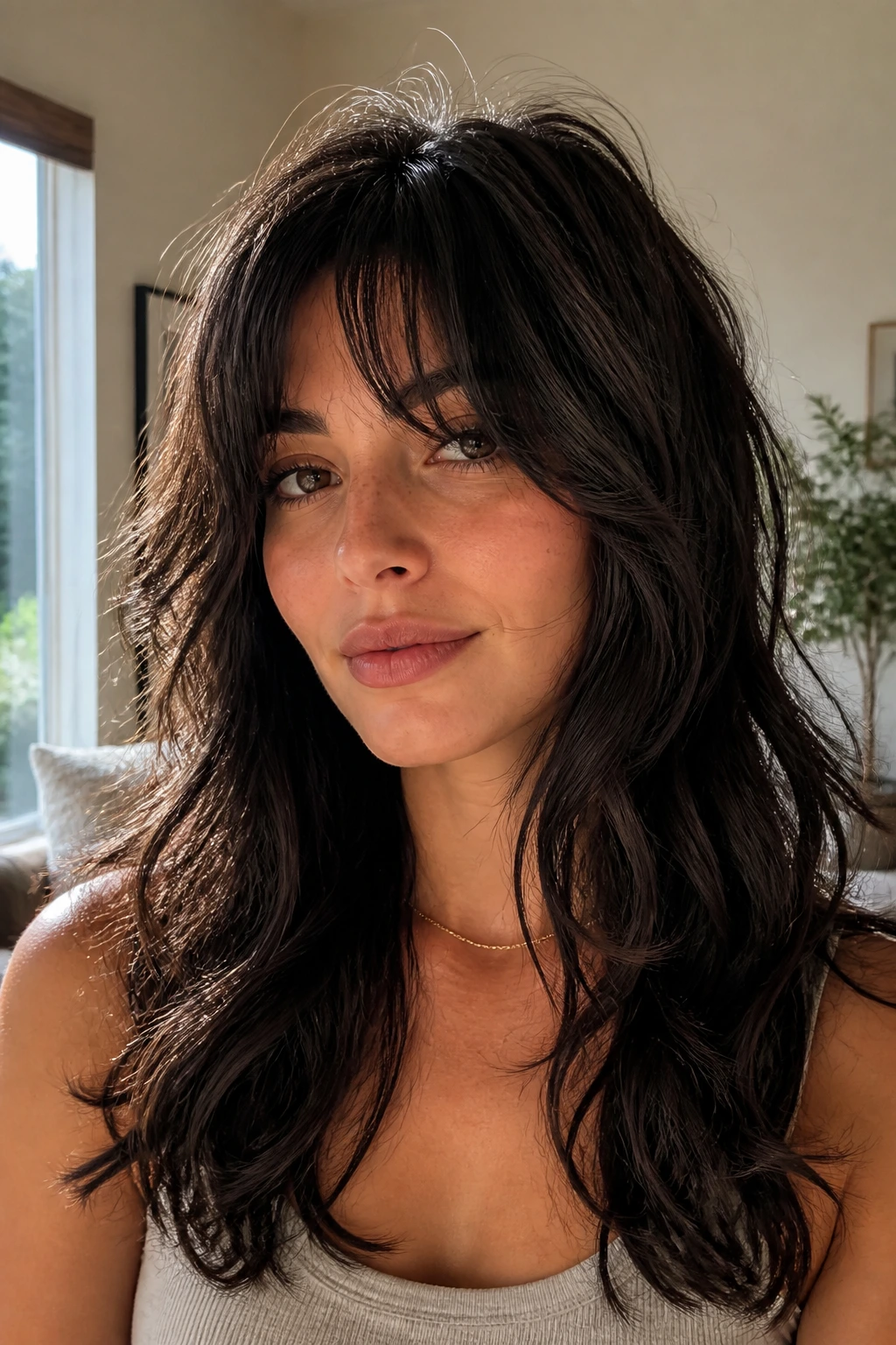 Close-up portrait of a real woman with a soft shag fringe and textured layers.