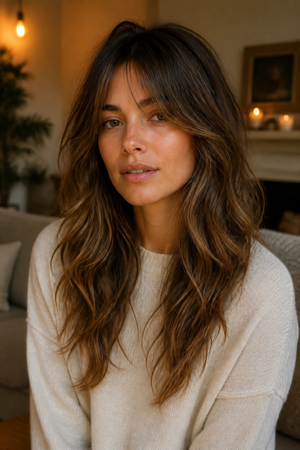 Close-up of a real woman with a soft shag and grown-out fringe