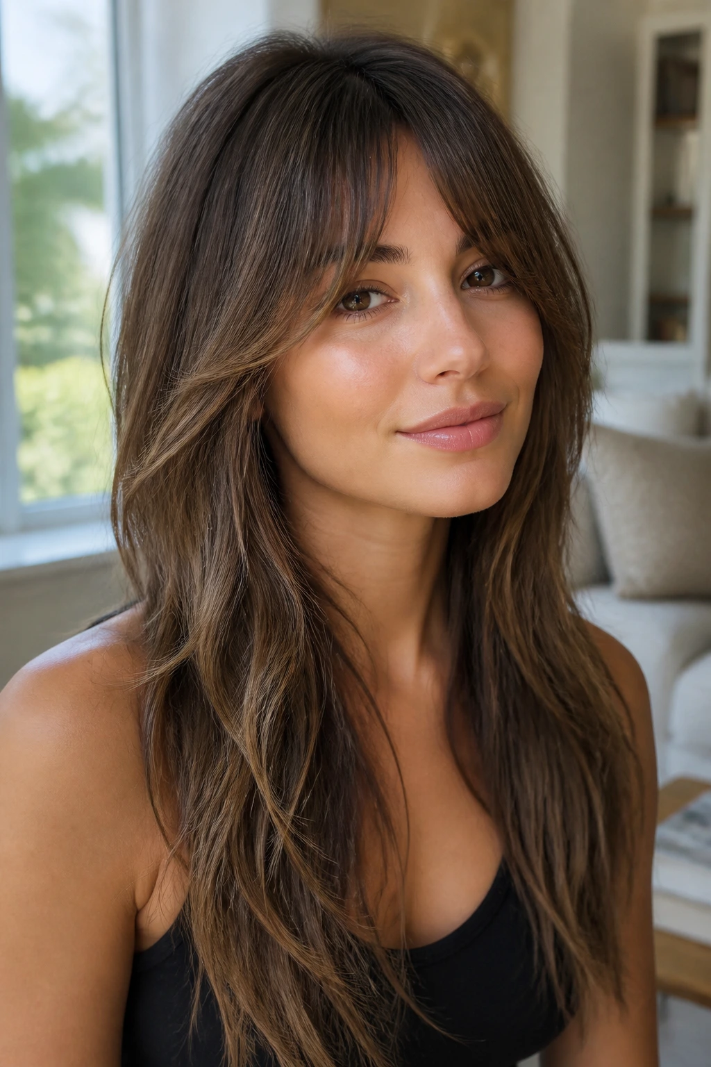Close-up of a real woman with a soft shag fringe on long hair, pieces separated for movement.
