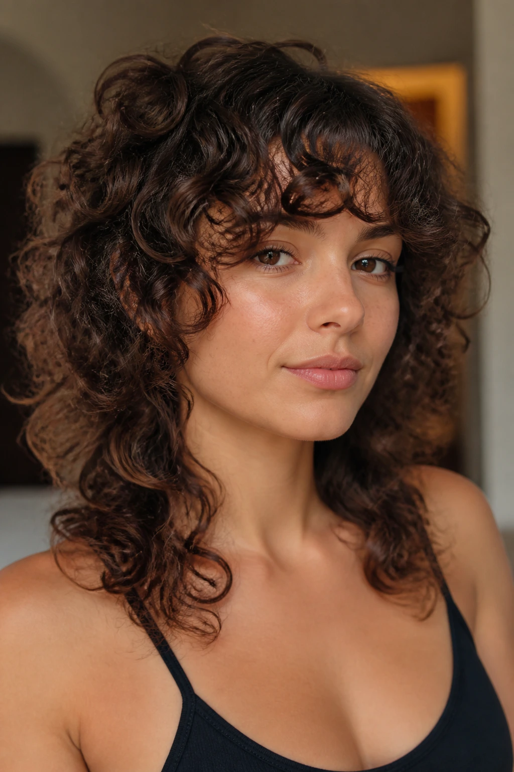 Close-up of a woman with a soft shag fringe and cheekbone movement
