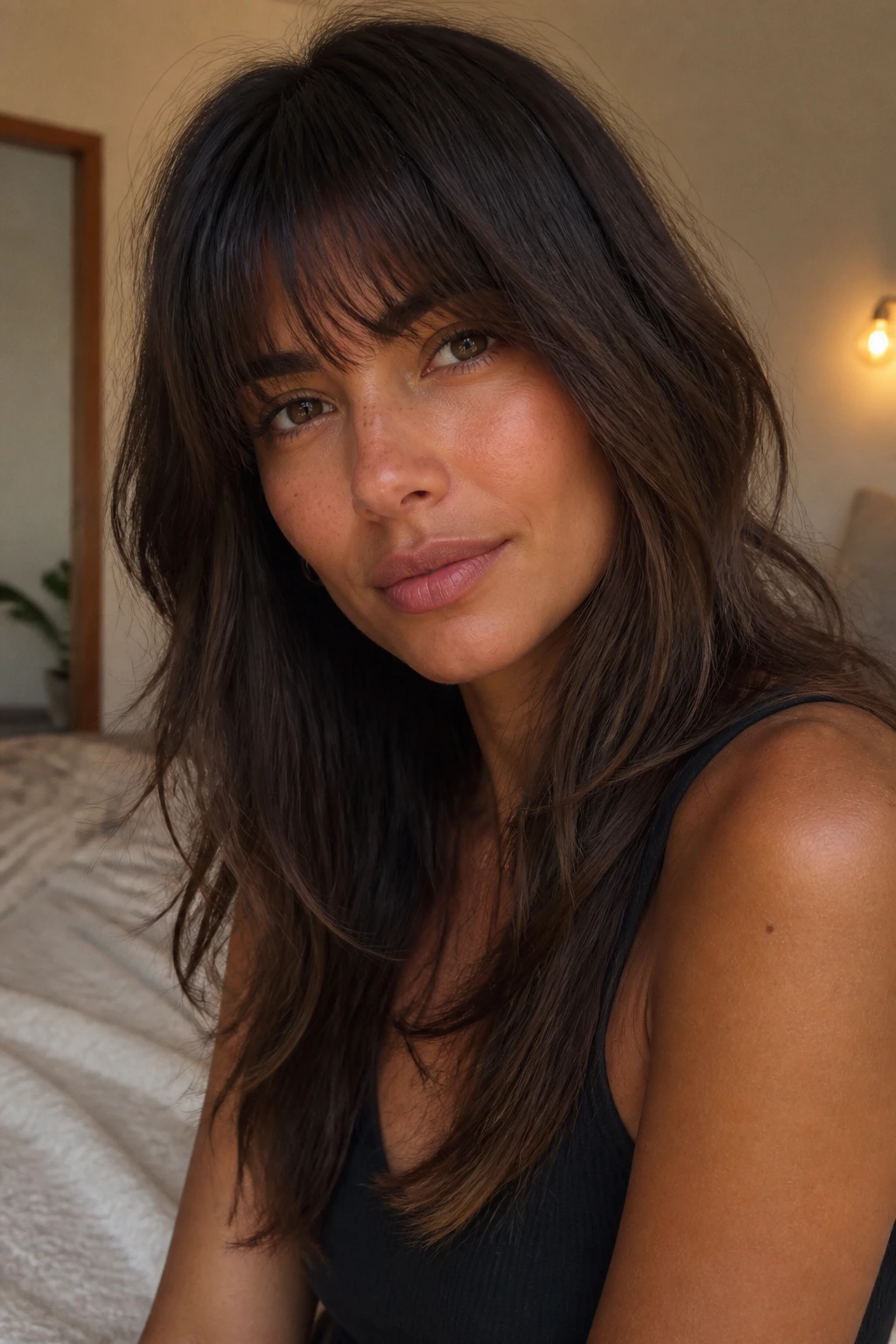 Close-up portrait of a real woman with soft shag and fringe on tan skin
