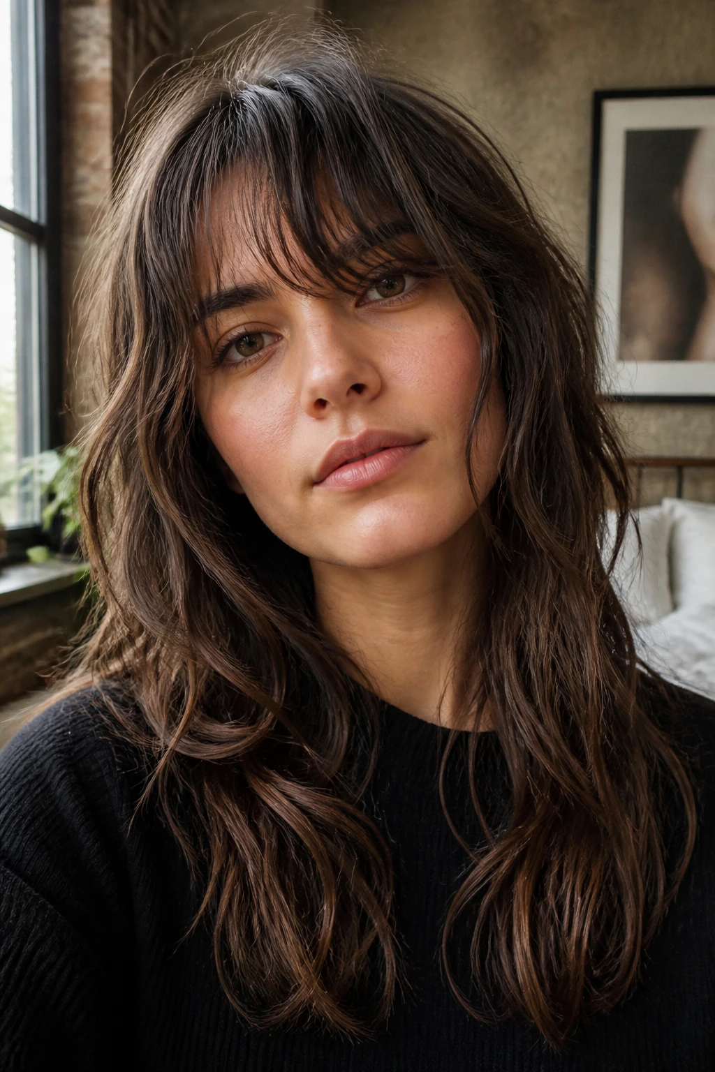 Close-up portrait of a real woman with soft shag and grown-out fringe under warm window light