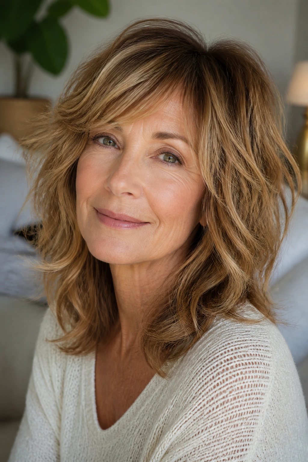 Close-up portrait of a real woman with soft shag and warm honey babylights.