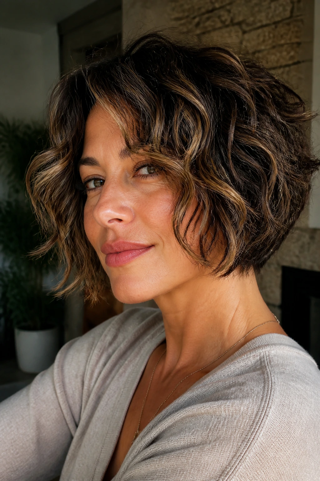 Close-up portrait of real person with airy shag-inspired inverted bob and babylights.