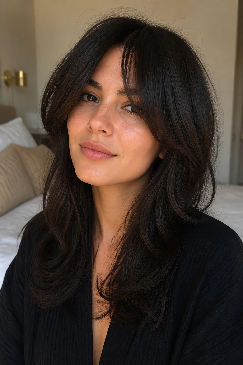 Portrait of a real woman with soft shag and invisible layers, curtain bangs and gentle movement