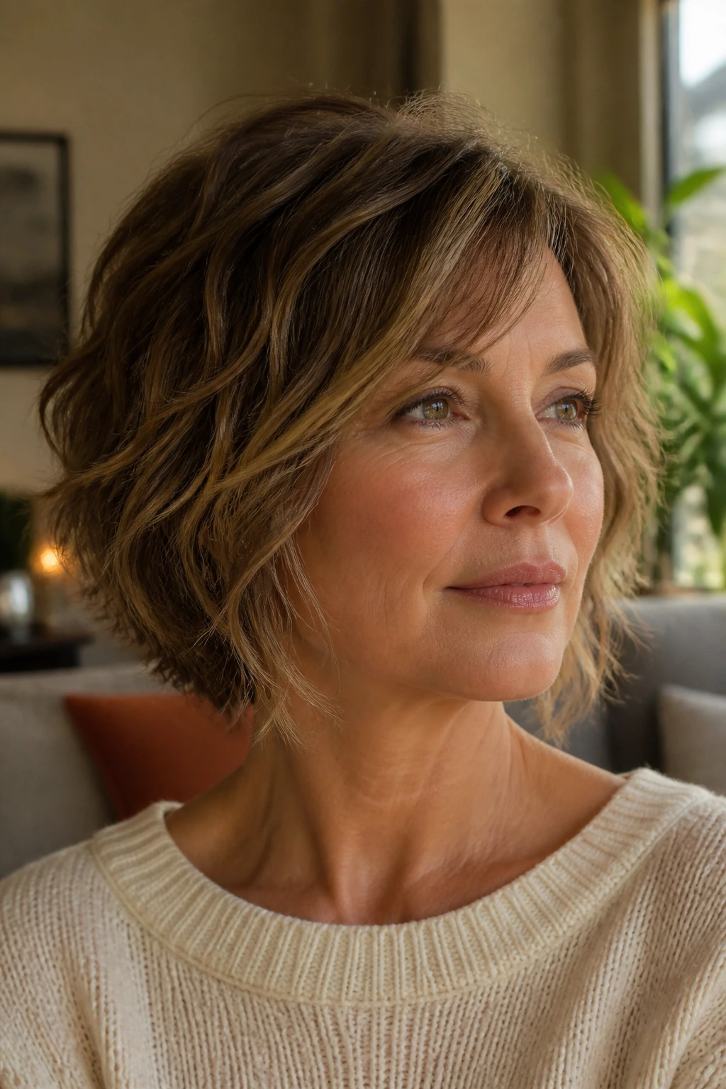 Close-up of a real woman with a soft jawline shag