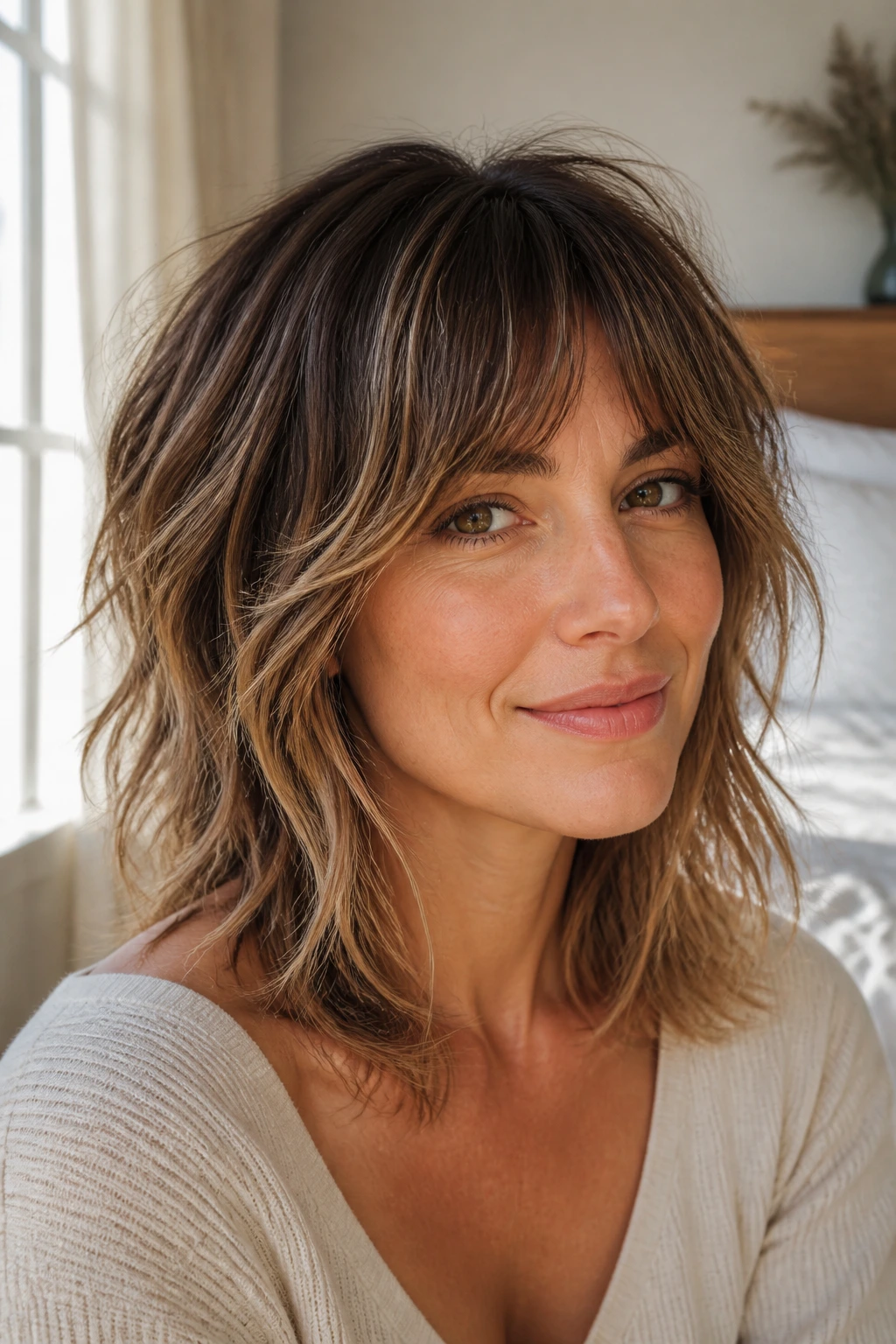 Close-up of real woman with soft shag haircut featuring controlled layers in warm window light.