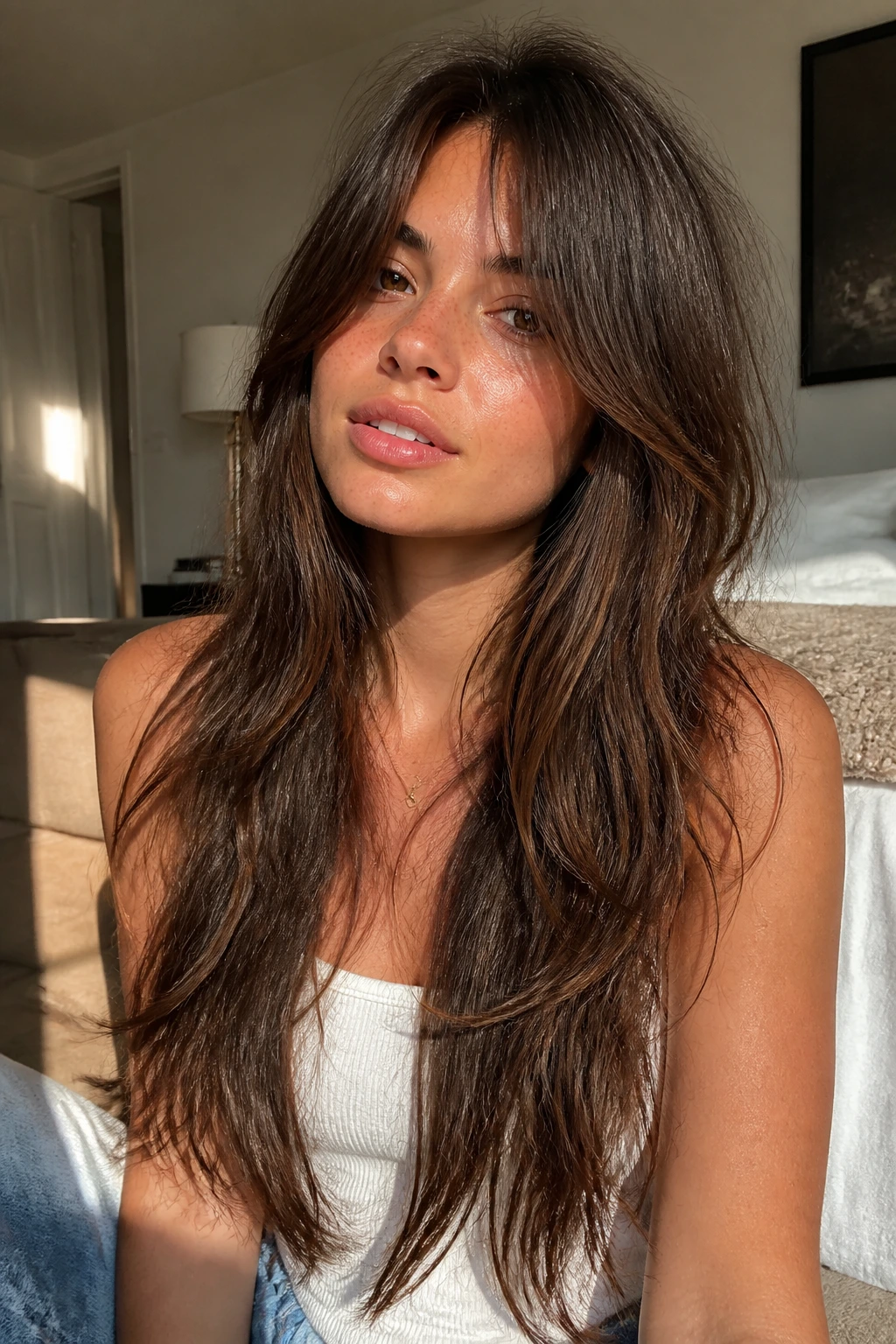 Close-up of a real woman with long soft shag layers framing the face