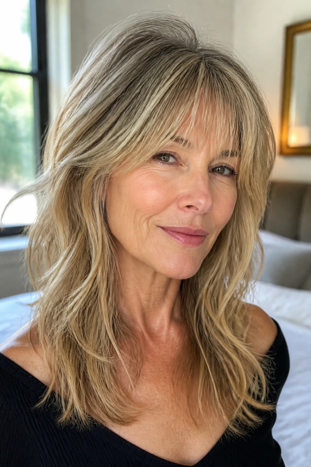 Woman with soft shag layers and airy fringe.