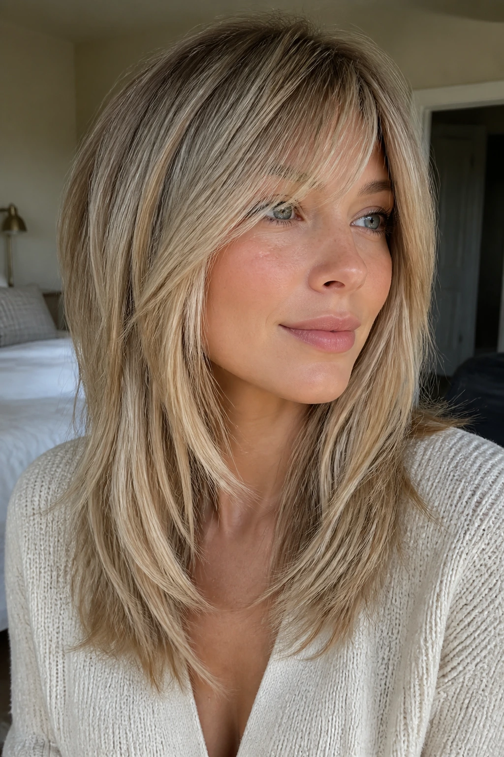 Close-up portrait of a real woman with soft shag layers on straight hair and a side-swept fringe.
