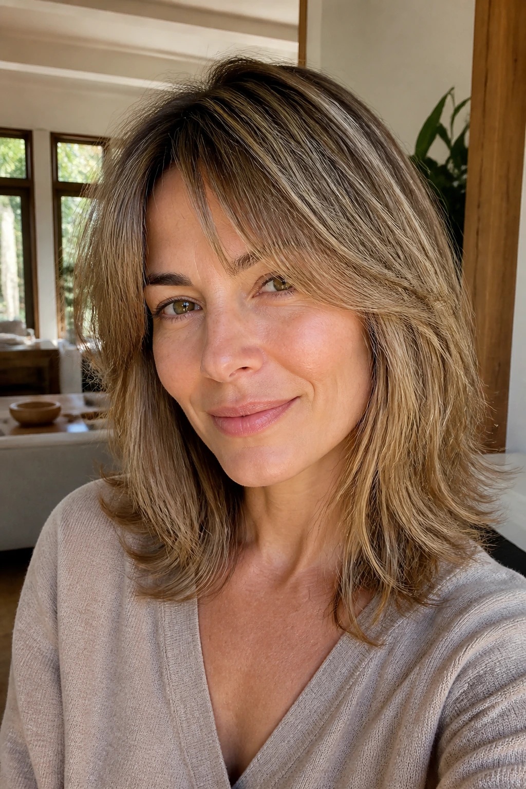 Close-up of a real woman with soft shag lite hairstyle, shoulder-length rounded layers framing the face in warm window light
