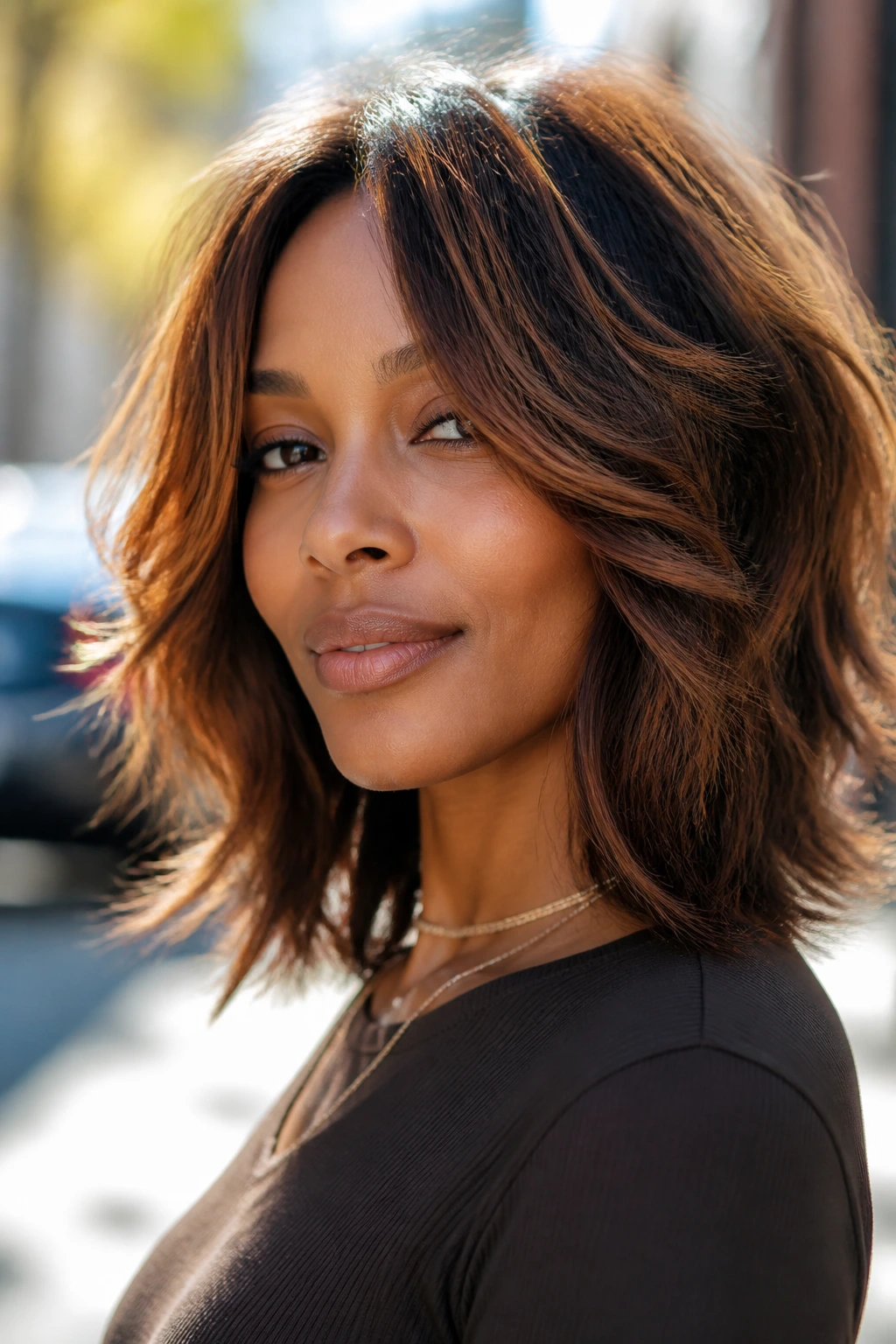 Close-up portrait of a real woman with soft shag lob and caramel copper babylights.