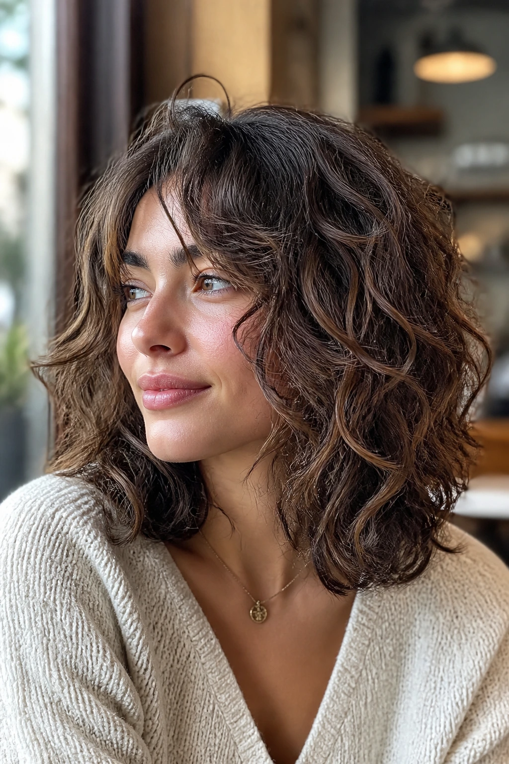 Close-up of a person with soft shag lob showing hidden internal layers.