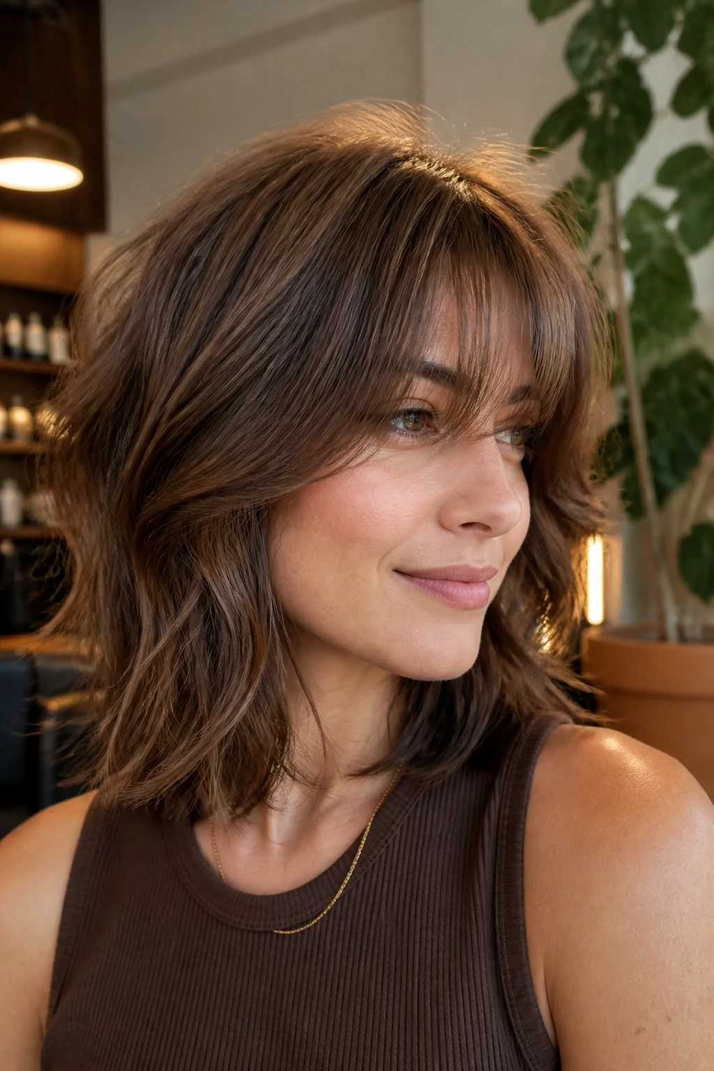 Close-up of a woman with a soft shag lob and long fringe in warm salon light