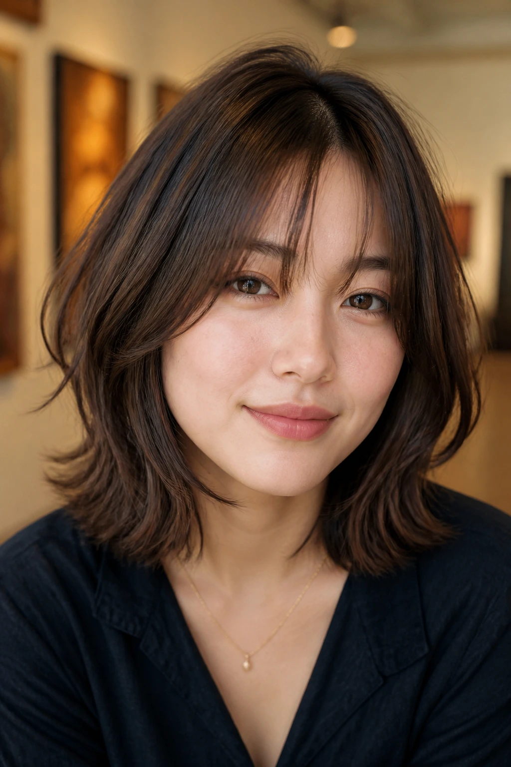 Close-up of a woman with soft shag lob and split bangs.