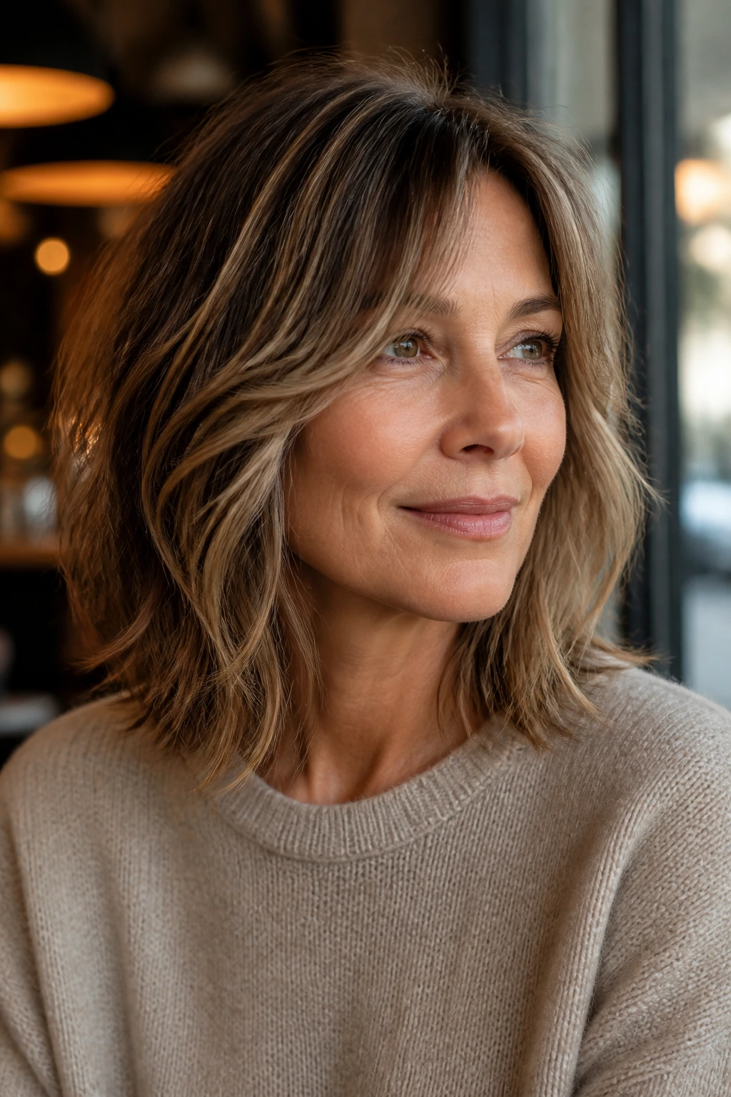 Close-up of a woman with a soft shag lob and long texture