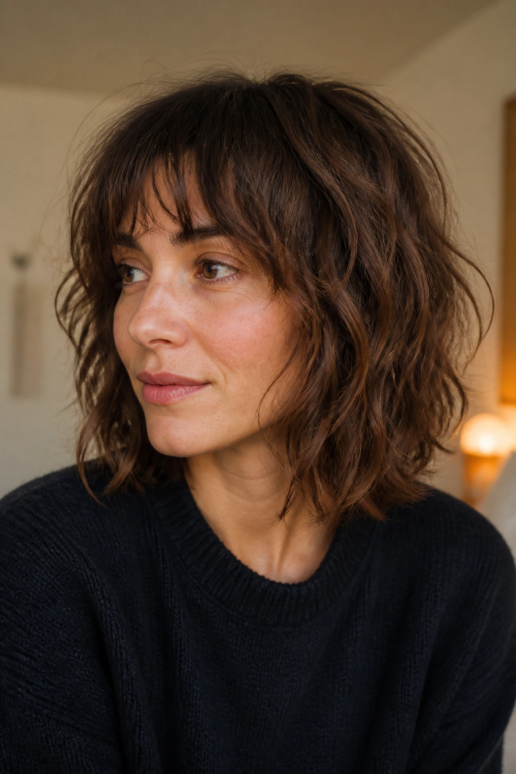 Portrait of a woman with a soft shag lob variation featuring crown layers and wispy fringe