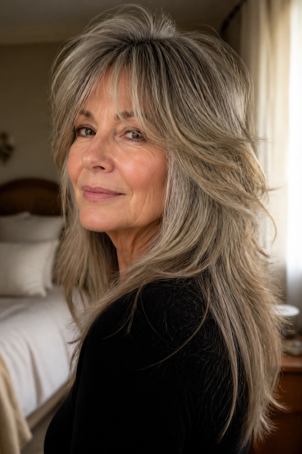 Close-up of real woman with soft shag and long back line