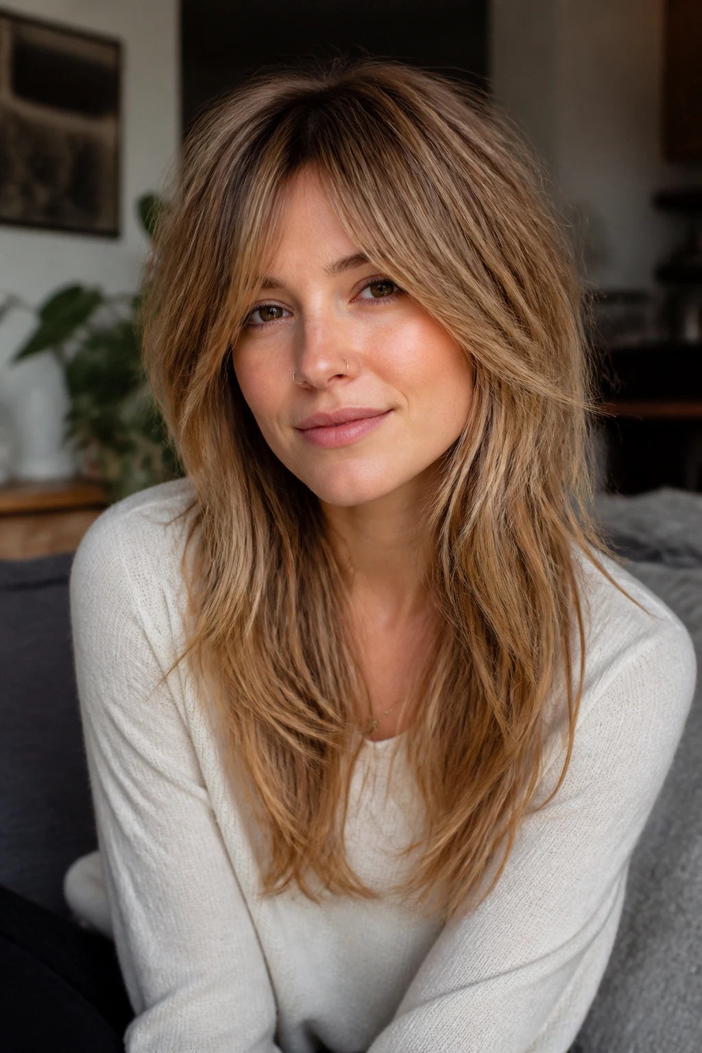 Close-up portrait of a real woman with soft shag and long perimeter hairstyle