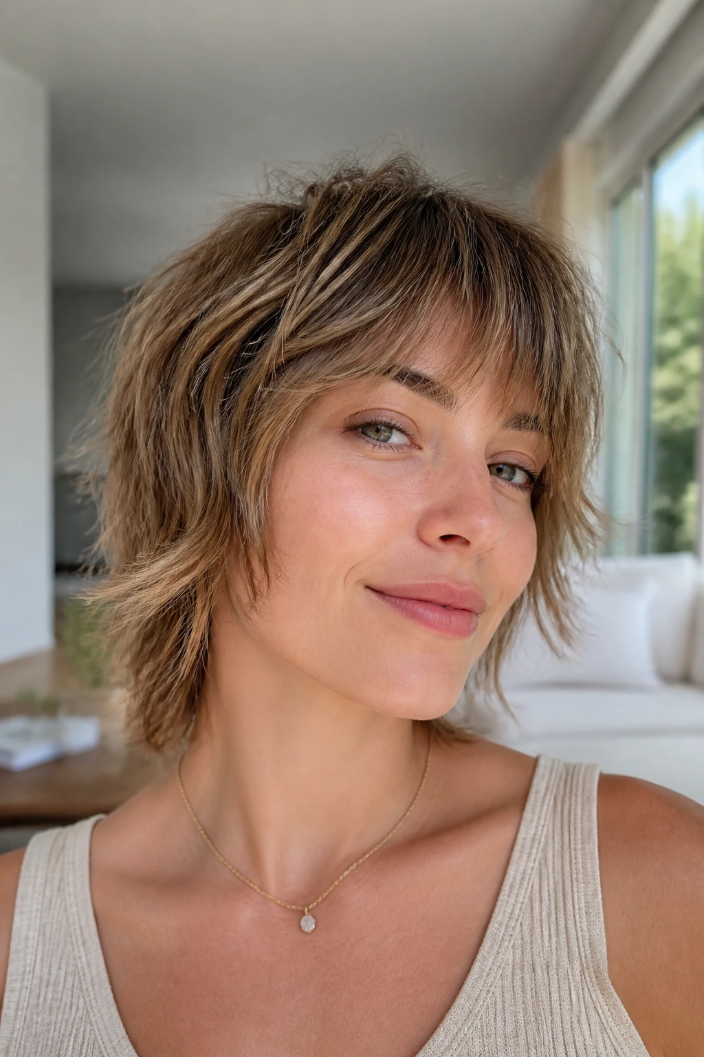 Close-up of a real person with a soft shag and loose ends
