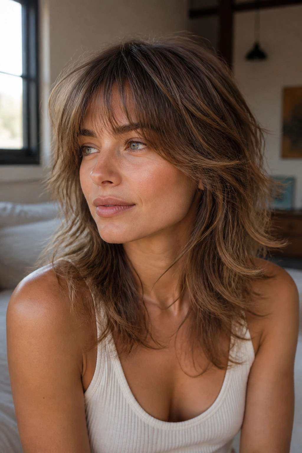 Portrait of a real woman with soft shag and long wispy movement