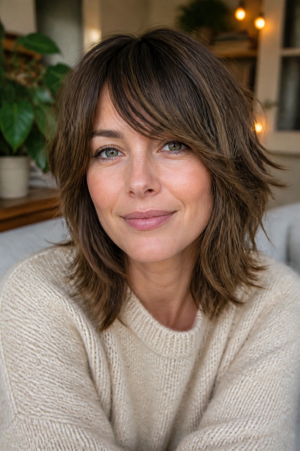Soft shag with airy off-center bangs on a real woman
