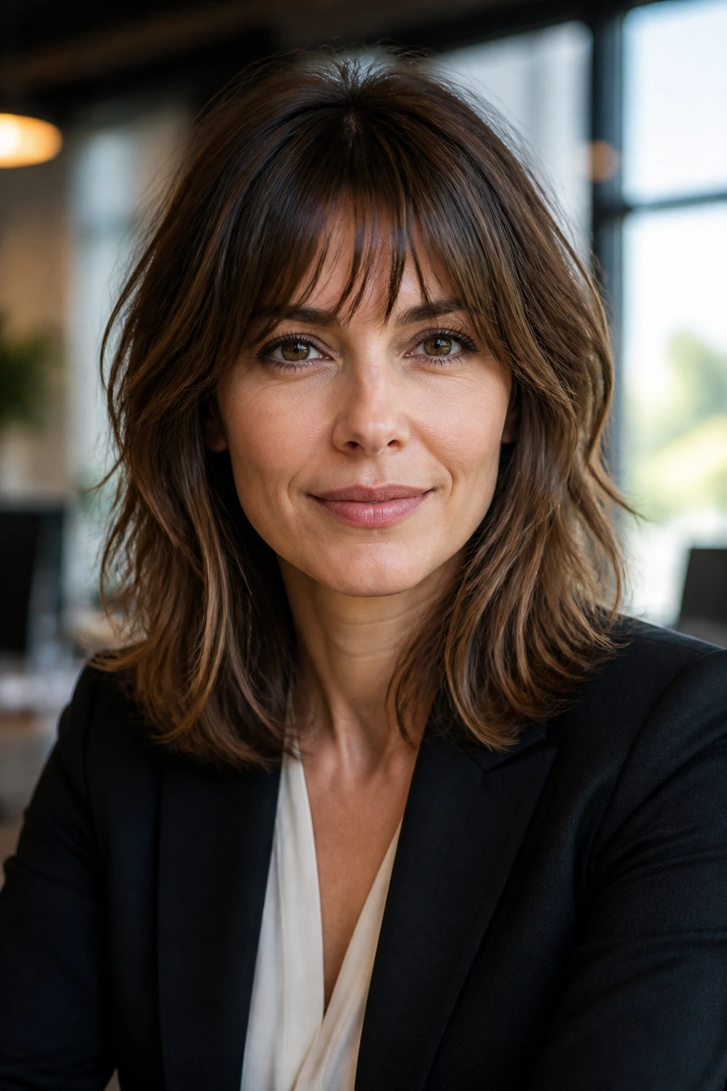 Close-up portrait of a woman with an office-friendly soft shag hairstyle, soft layers and a longer fringe in a bright office setting.