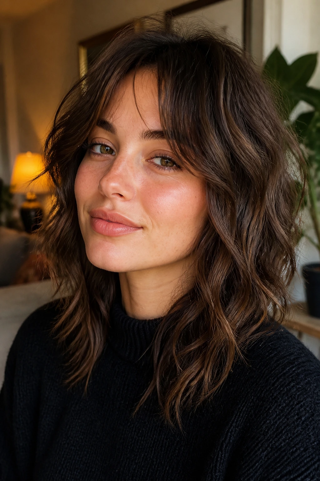 Portrait of a woman with soft shag haircut and piecey ends.