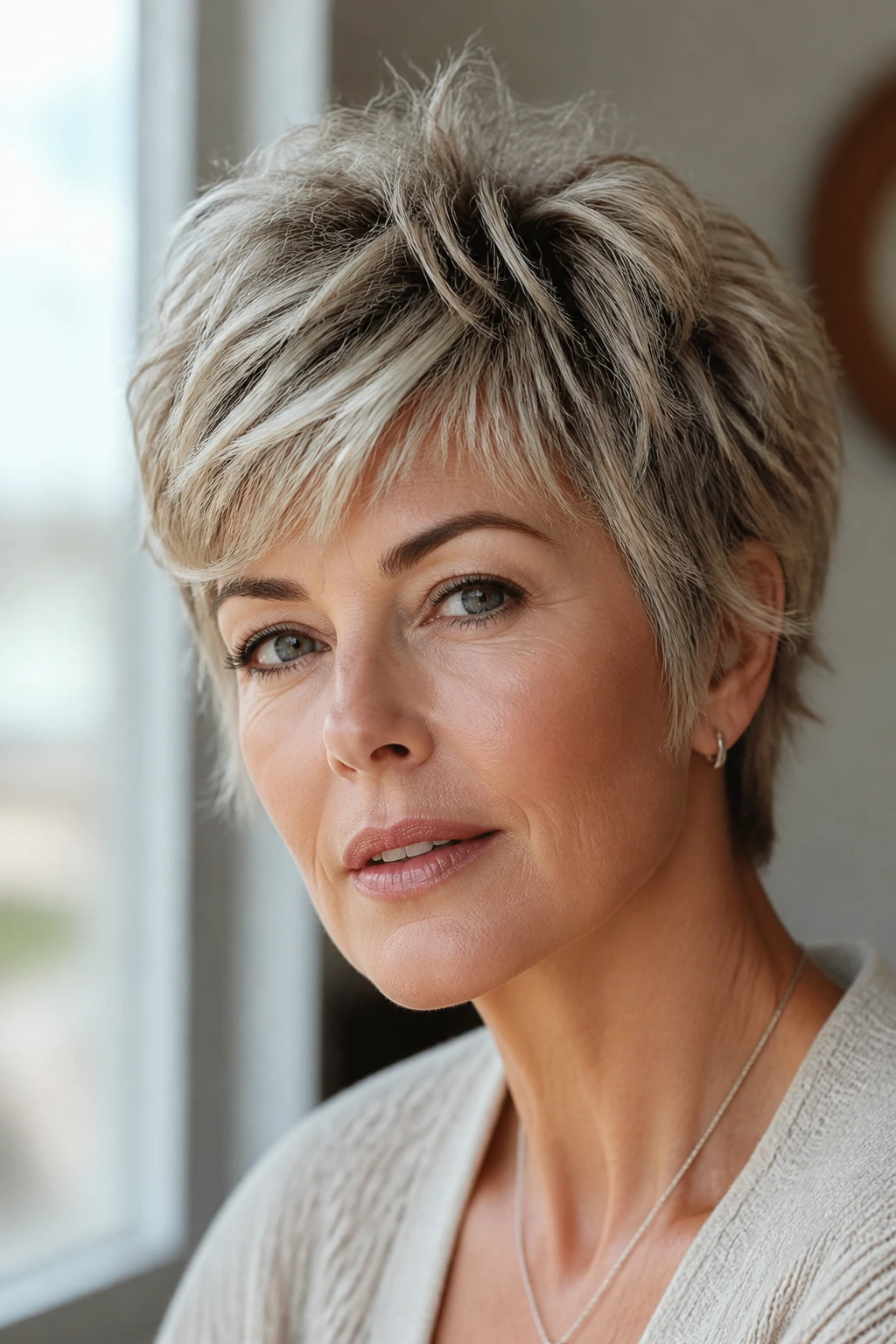 Real woman with soft shag pixie and feathered sides