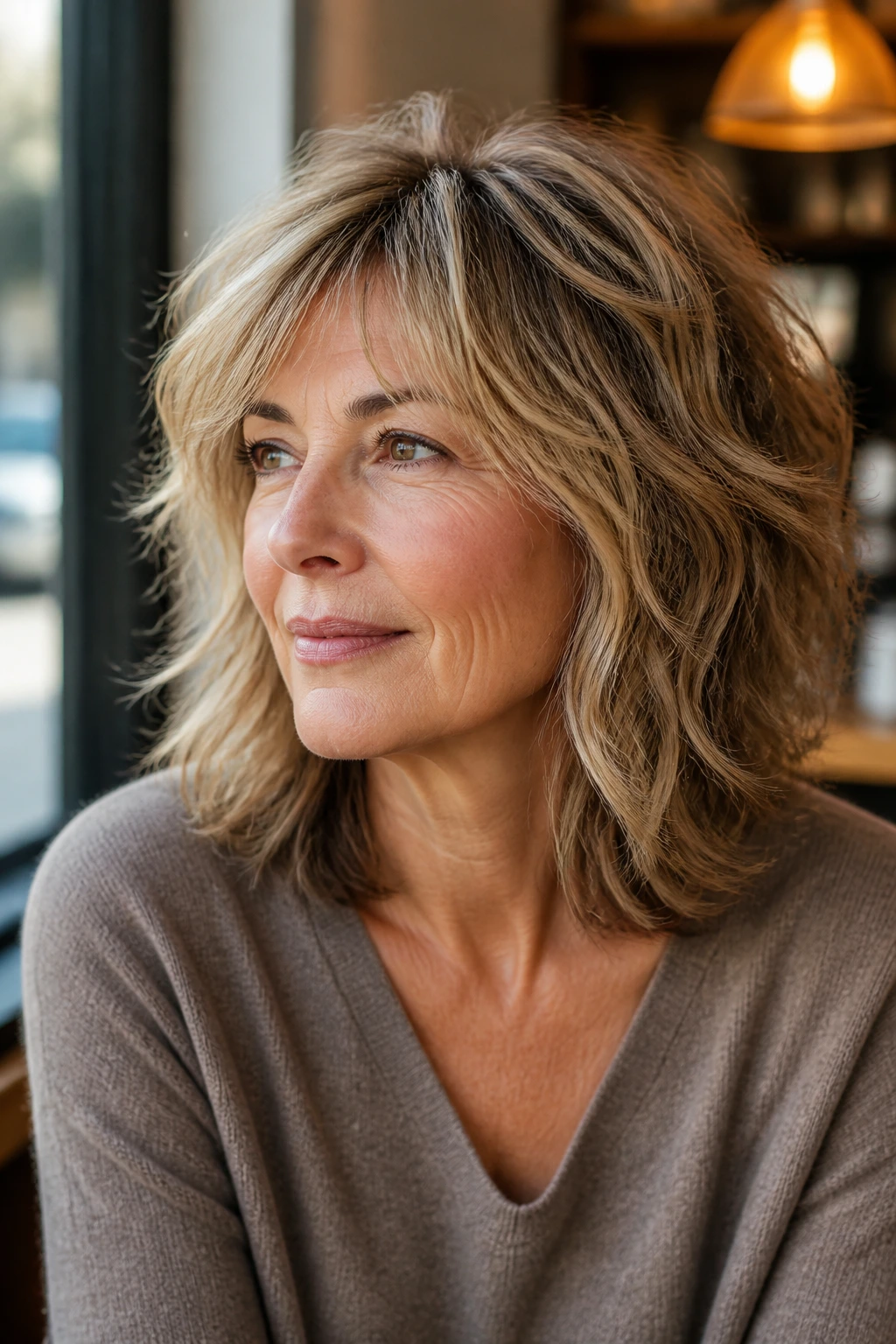 Close-up of a woman with shoulder-length soft shag hairstyle in a sunlit cafe setting