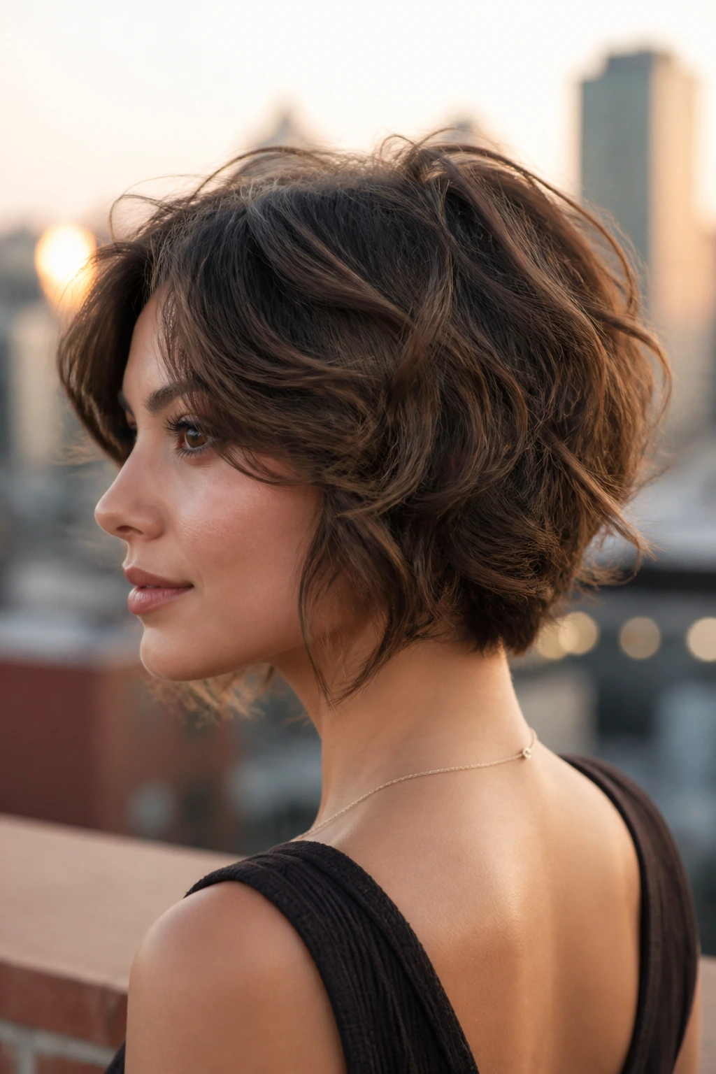 Close-up of a real woman with soft shag layers and back stack on wavy hair.