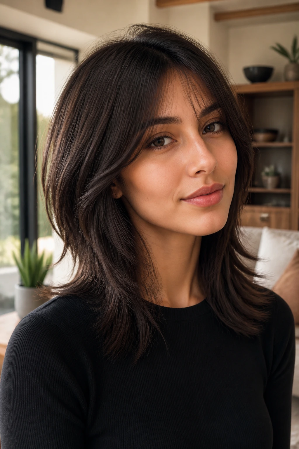 Close-up portrait of a real woman showing a soft shag on straight hair.