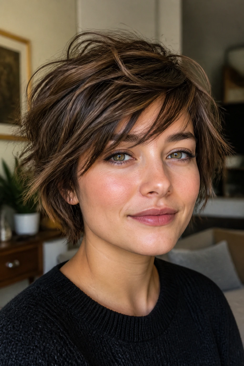 Close-up of a real person with soft shag sweep fringe