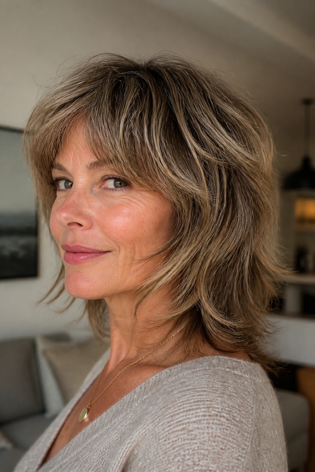 Close-up of woman with soft shag and tapered crown.