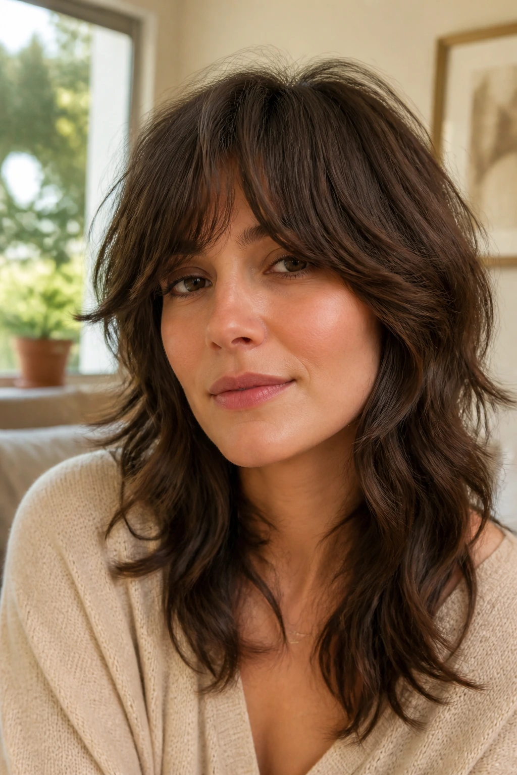 Close-up of a real woman with a soft shag and airy texture in warm light
