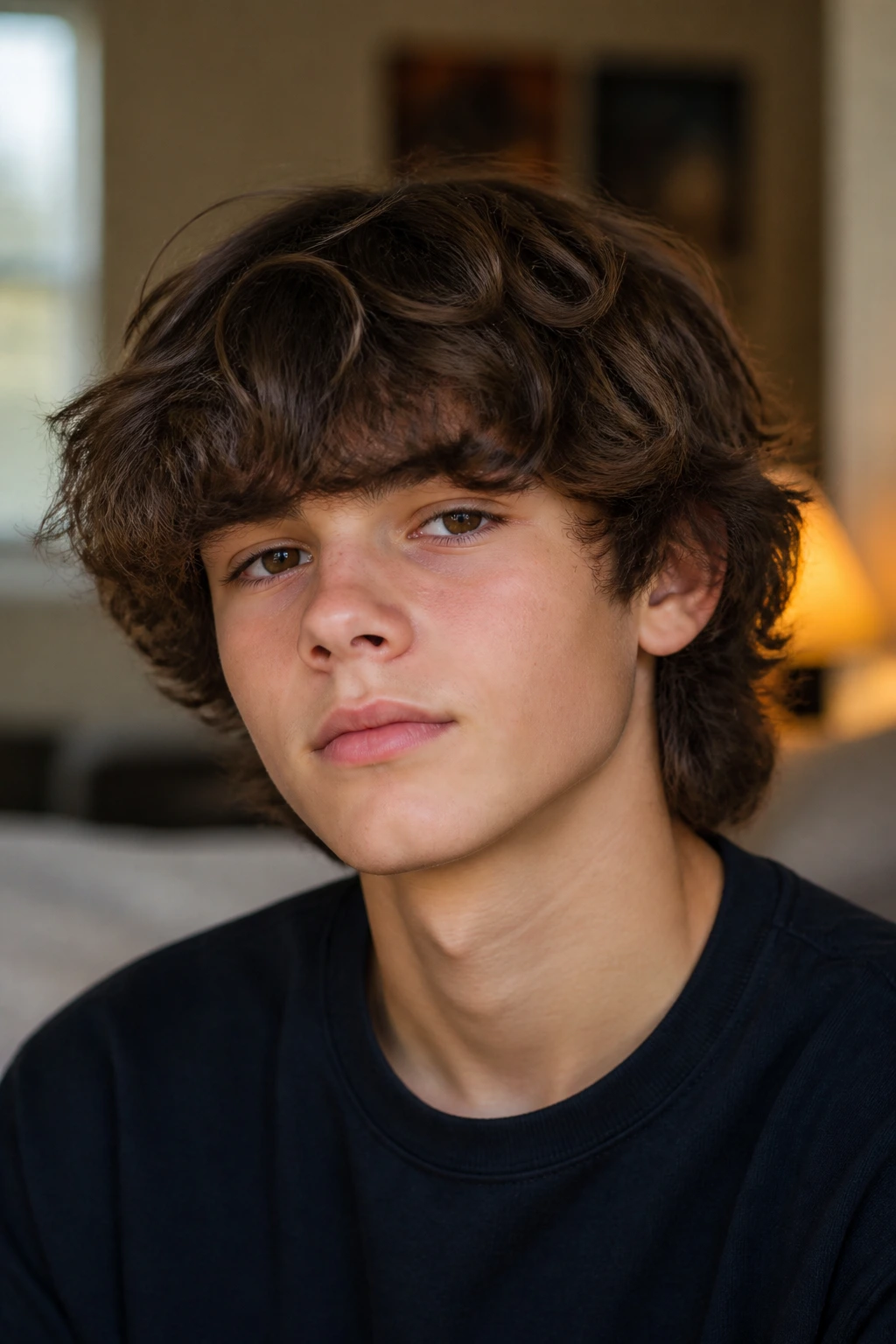 Boy with soft shag haircut showing feathered ends and movement