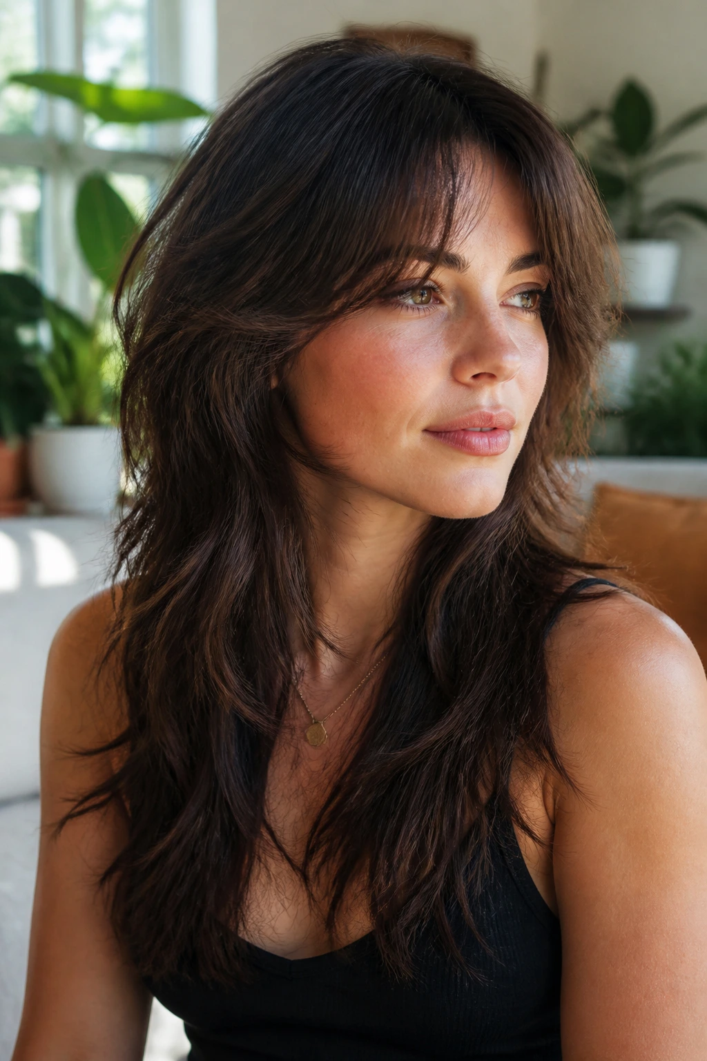 Portrait of a real person with a soft shag haircut and longer ends in natural daylight