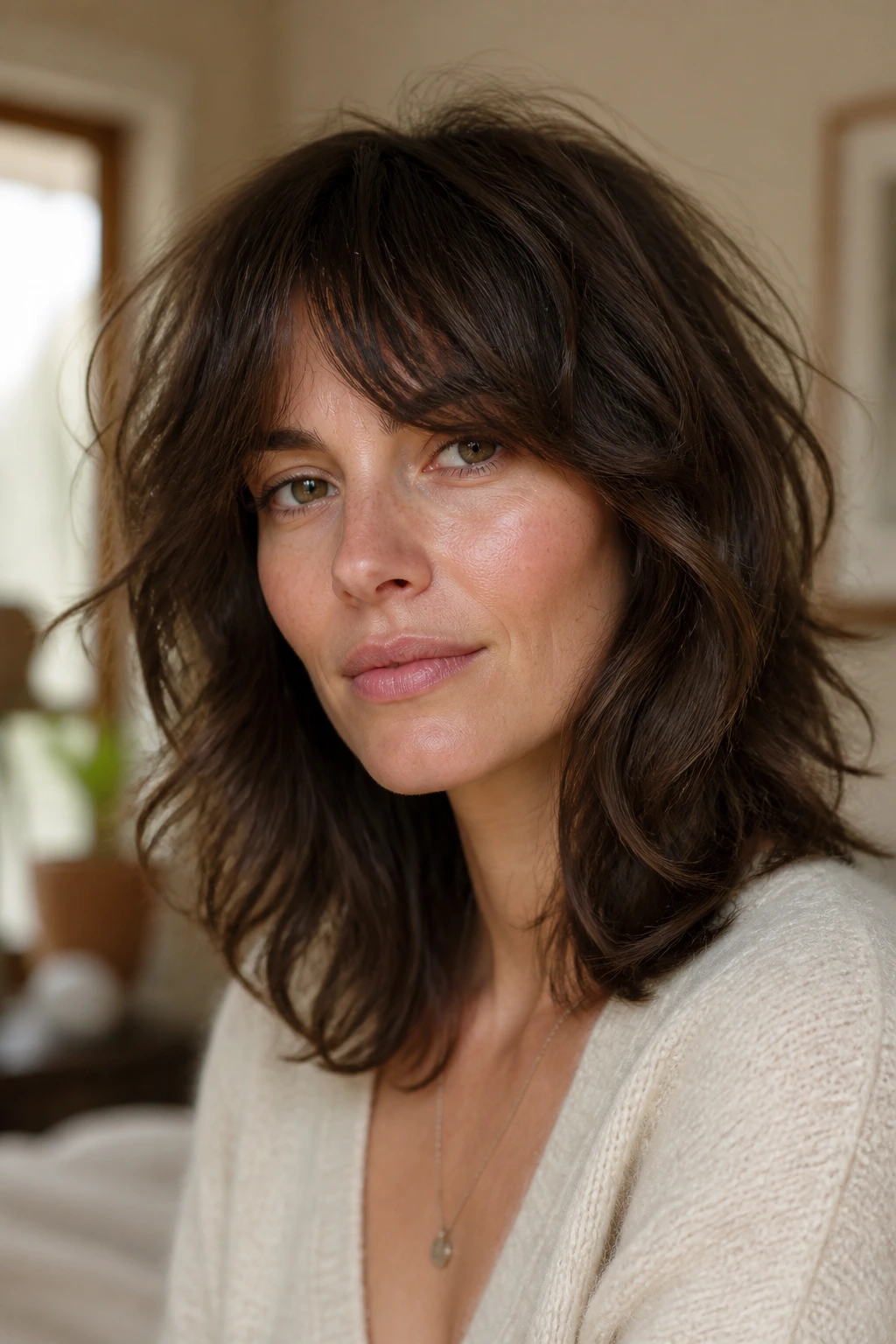 Close-up portrait of a real woman with soft shag layers adding movement.