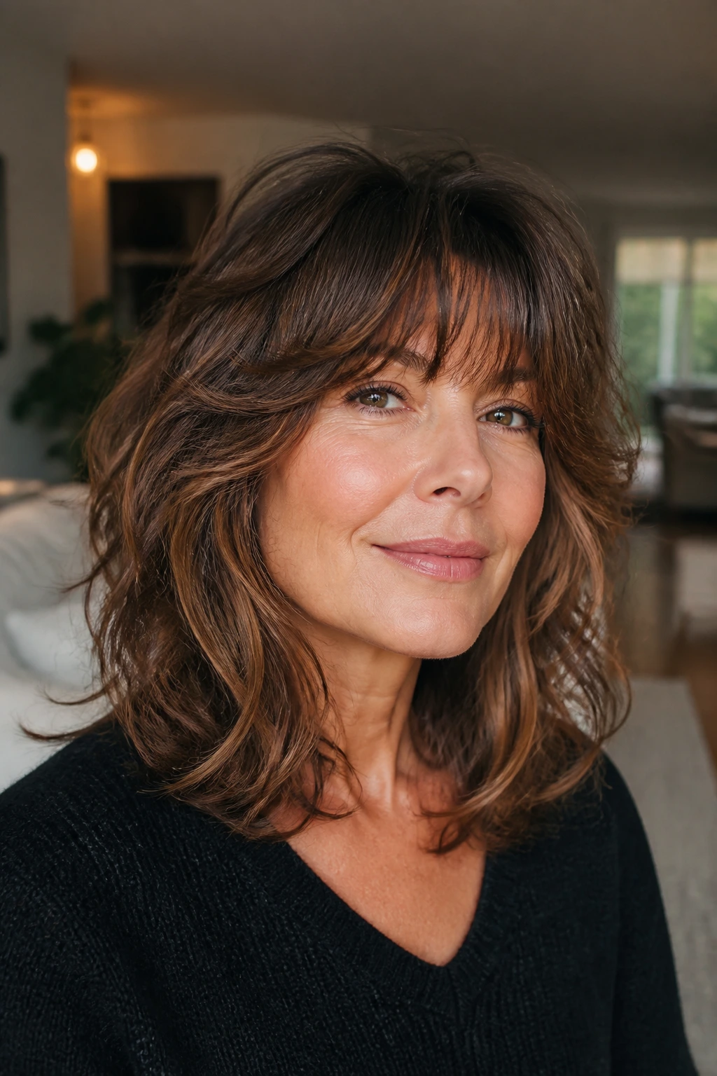 Close-up portrait of a real woman with thick wavy hair styled in a soft shag