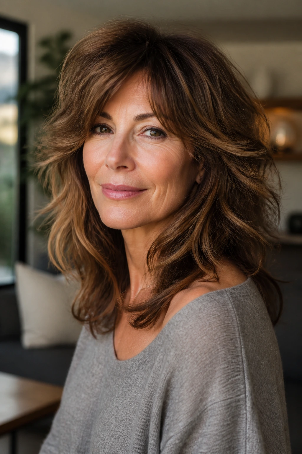 Real woman with soft shag and face-framing layers that lift waves.