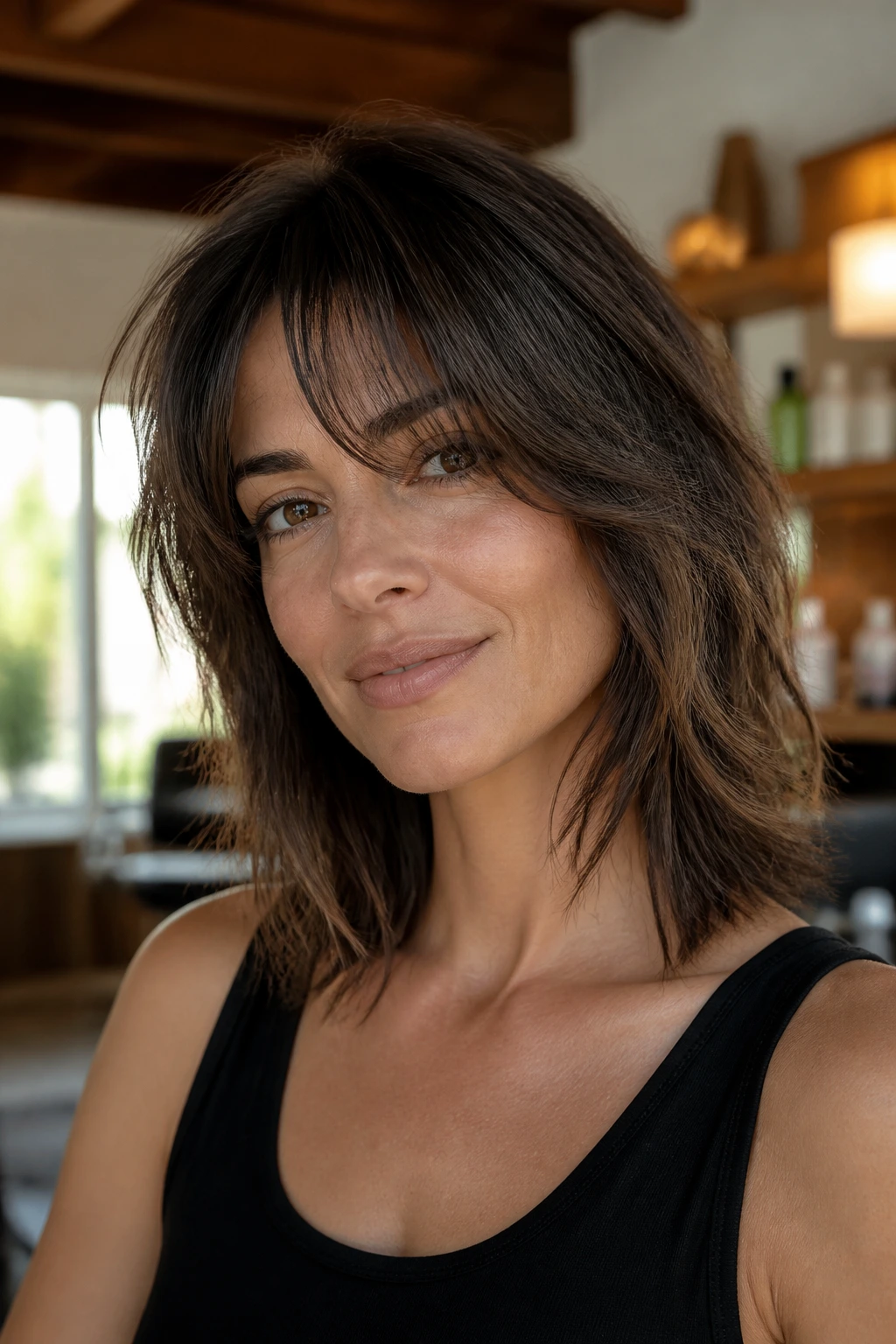 Close-up of a real woman wearing Soft Shag with Wispy Ends with face-framing wispy ends, natural window light
