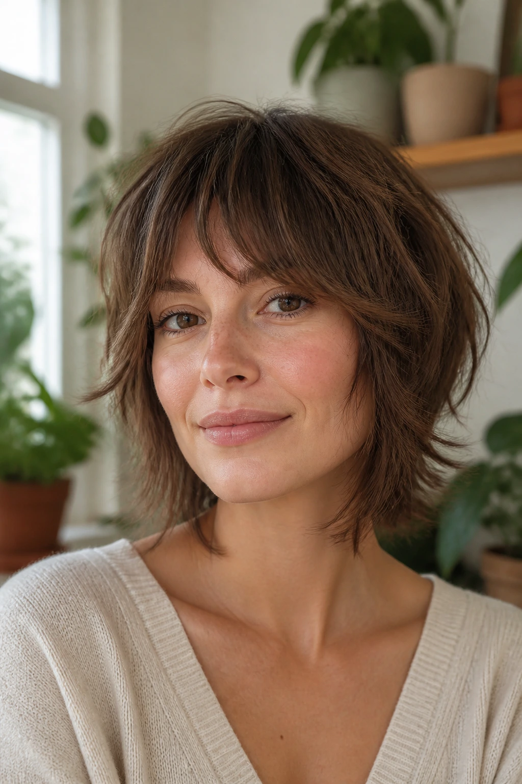 Close-up portrait of a real woman with soft shag and wispy ends framing the jaw