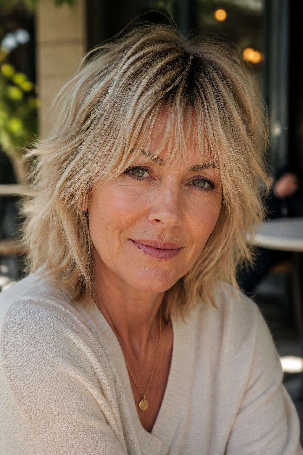 Close-up of a real woman with Soft Shag and wispy fringe in sunlit lounge