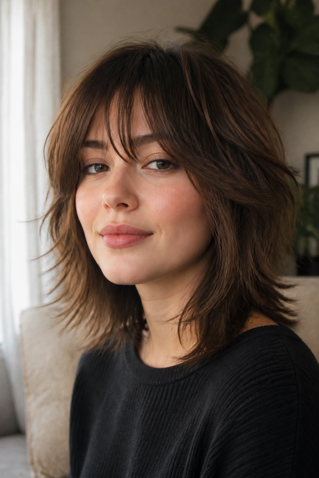 Real woman with soft shag and wispy fringe, close-up portrait