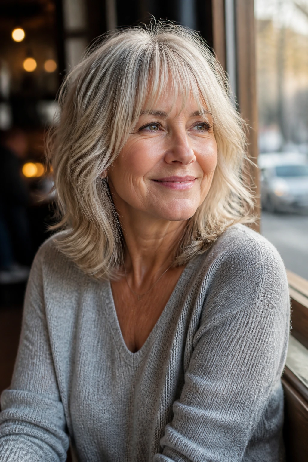Real woman with soft shag and wispy fringe in natural light.