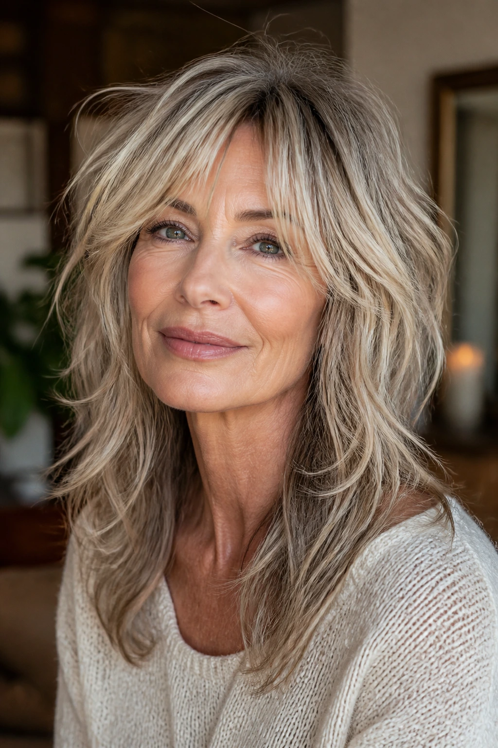 Close-up portrait of a woman with soft shag and wispy layers