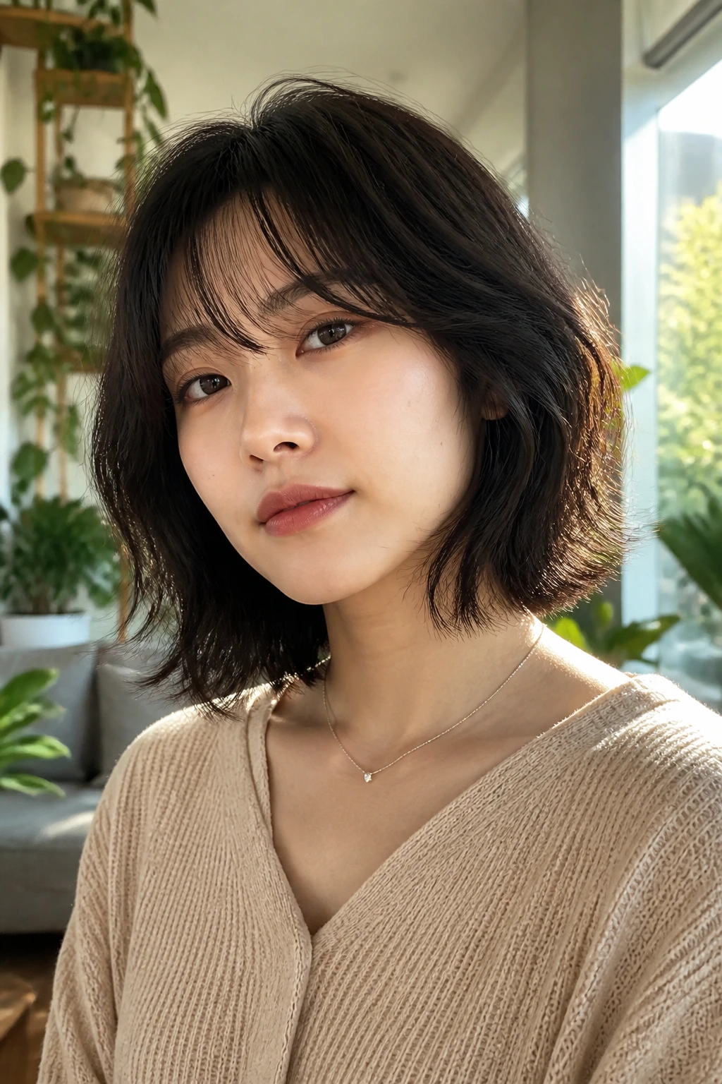 Portrait of a real woman with a soft shaggy bob showing layered movement
