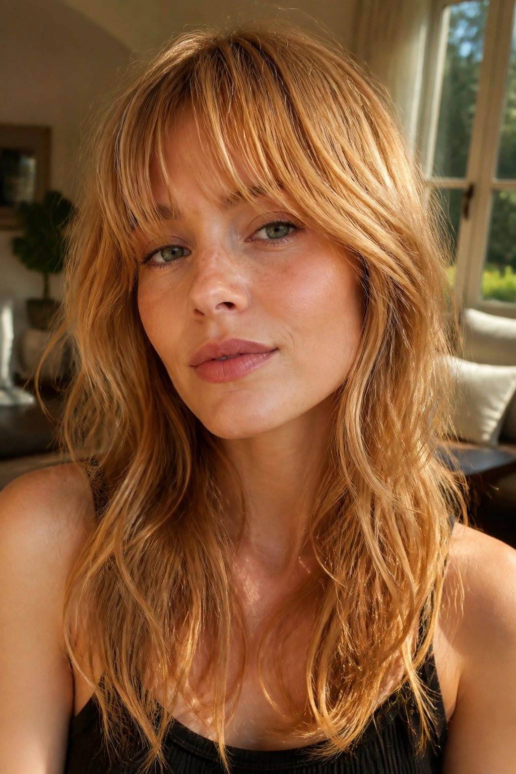 Close-up of long strawberry blonde shag with soft fringe and feathered layers in a sunlit room