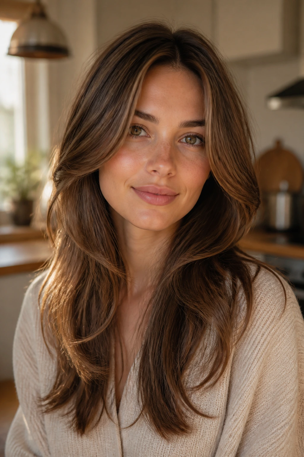 Close-up of a woman with a soft face-framing hairstyle in warm morning light.